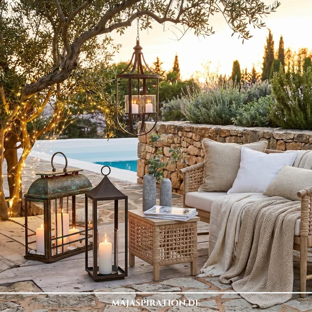 Steinterrasse mit großen antiken Laternen und einer geflochtenen Sitzbank mit Decken und Kissen vor einem Pool 