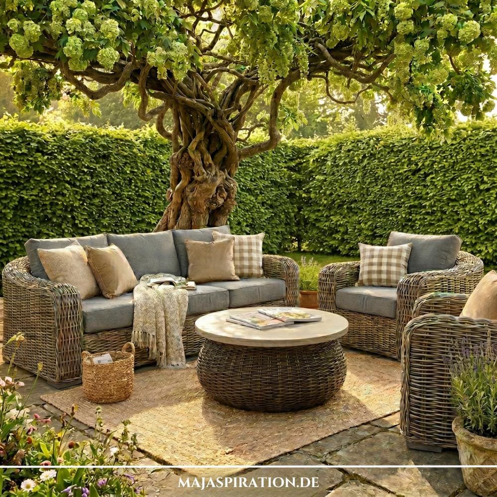 Hochwertiges graues Polyrattan-Gartenlounge-Set mit Sofa und Sesseln auf einer Steinterrasse, umgeben von Pflanzen. Ein Beispiel für die Gartentrends 2026 im romantischen Landhaus-Stil