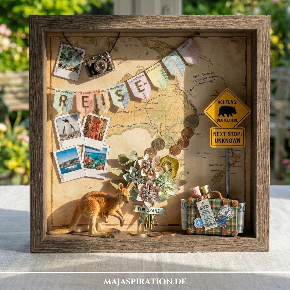 DIY Reise Geldgeschenke originell verpacken in einer Shadowbox mit Australien-Landkarte, Miniatur-Känguru, kleinem Koffer für Geldscheine und Polaroids. Eine kreative Bastelidee für die Reisekasse zur Hochzeit oder Flitterwochen.