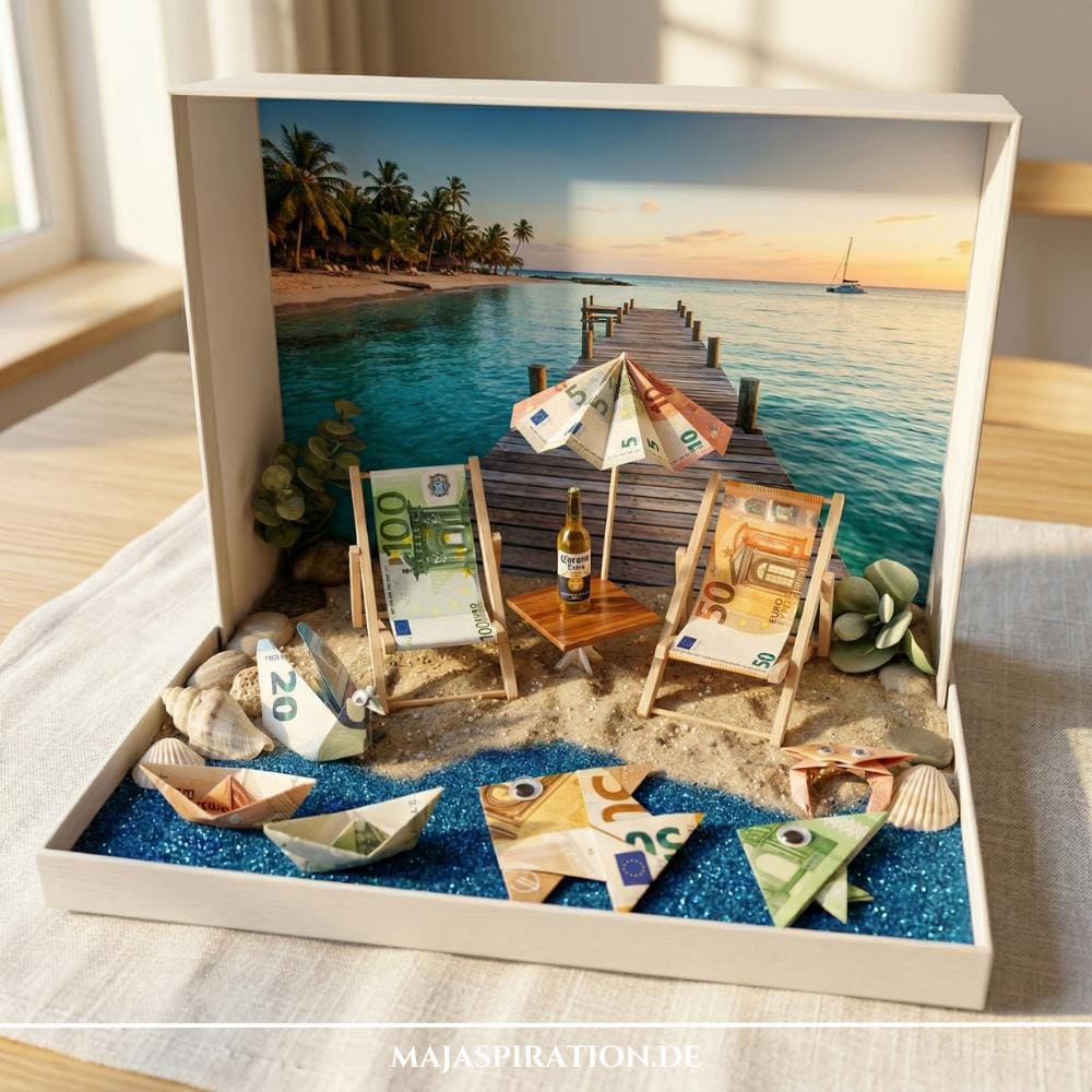 DIY Reise-Geldgeschenk in einer Box mit Sand, blauem Dekokies und zu Liegestühlen, Sonnenschirm und Fischen gefalteten Euro-Scheinen vor tropischer Strandkulisse.