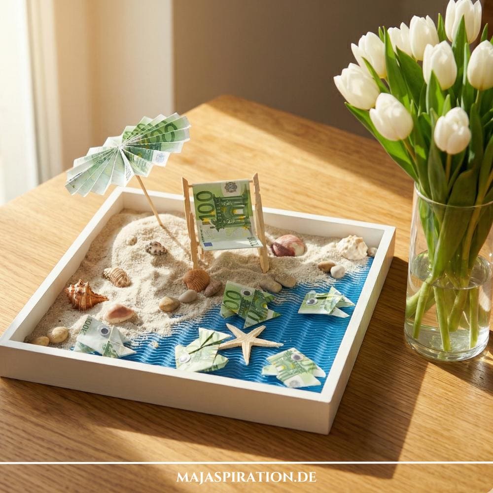 DIY Geldgeschenk Reise: Kreativer Miniatur-Strand im weißen Holzrahmen mit echtem Sand, Muscheln und gefalteten 100-Euro-Scheinen als Sonnenschirm, Liegestuhl und Segelboote für Flitterwochen oder die Reisekasse.