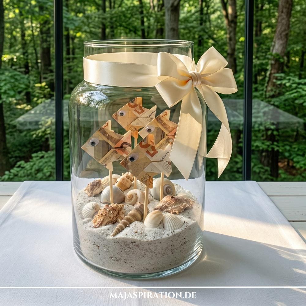 Kreatives Reise-Geldgeschenk DIY: Ein großes Glasgefäß gefüllt mit Sand, echten Muscheln und zu Fischen gefalteten Geldscheinen mit Wackelaugen, dekoriert mit einer beigen Schleife als originelle Idee für die Reisekasse oder Flitterwochen.