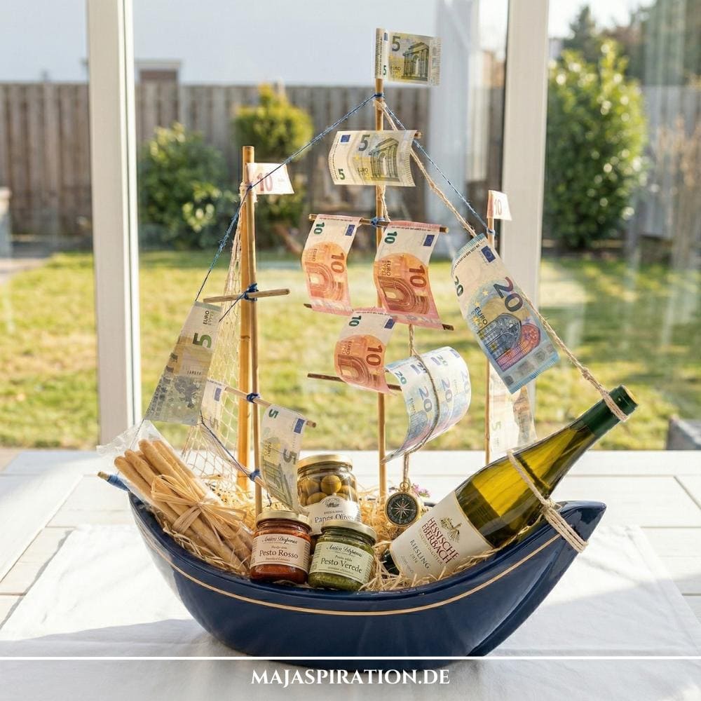 DIY Geldgeschenk Reise Boot basteln mit Geldscheinen als Segel, Weinflasche und italienischen Delikatessen in einer blauen Schale.