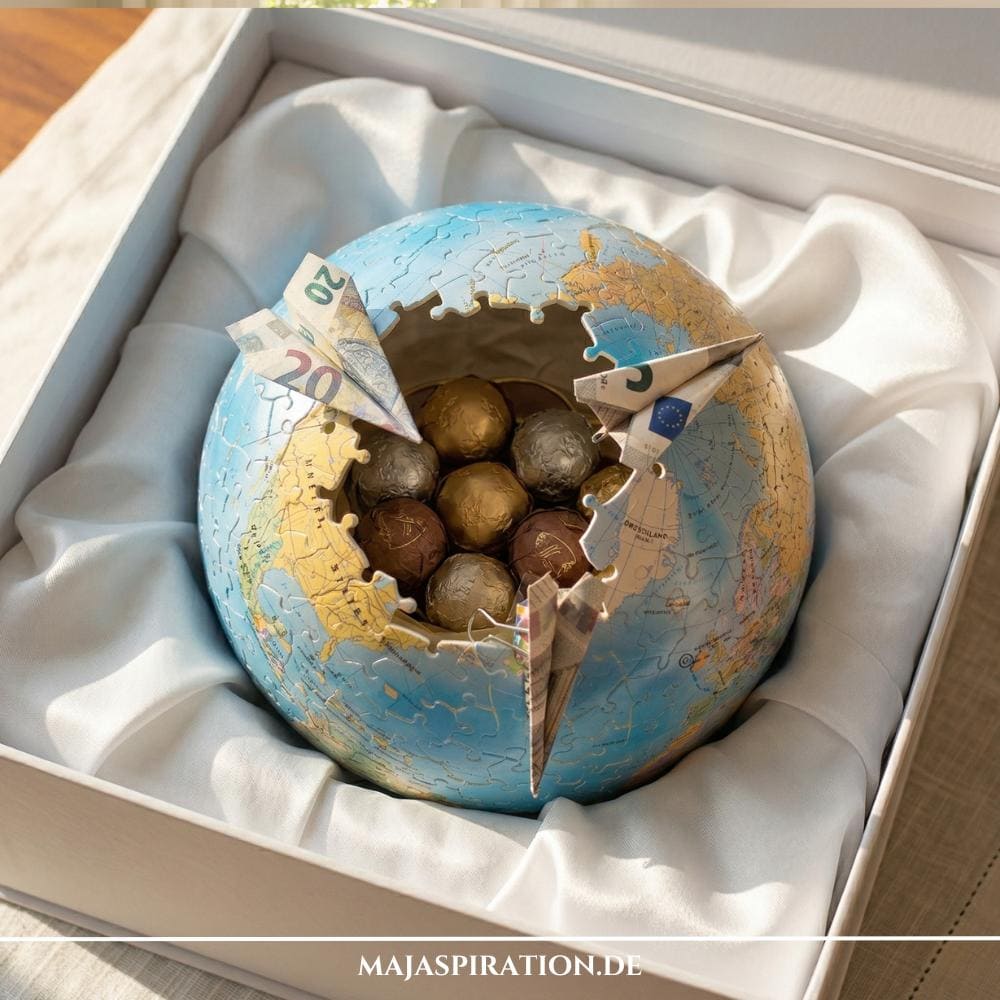 DIY Reise-Geldgeschenk: Ein 3D-Puzzle-Globus gefüllt mit Schokopralinen und zu Flugzeugen gefalteten Geldscheinen als kreative Verpackung für die Flitterwochen oder die Reisekasse.
