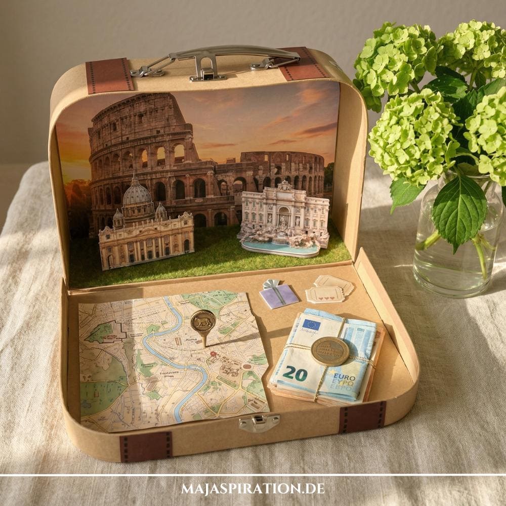 Kreatives DIY Reise-Geldgeschenk für einen Rom-Trip: Kleiner Bastelkoffer mit 3D-Miniaturen vom Kolosseum und Trevi-Brunnen, Stadtplan von Rom und Euro-Geldscheinen als originelle Geschenkidee für die Reisekasse oder Flitterwochen.