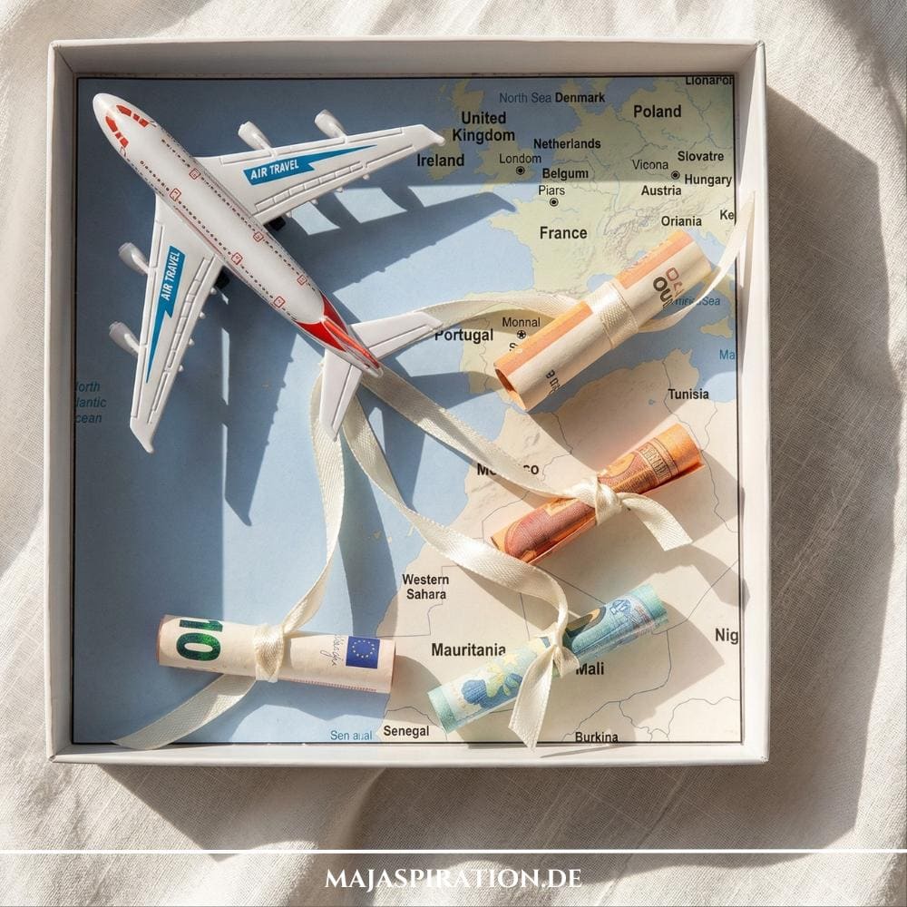 Kreatives DIY Reise-Geldgeschenk in einer weißen Box mit Spielzeugflugzeug, Landkarte als Hintergrund und mit Schleifen fixierten Geldscheinen für die Flitterwochen.