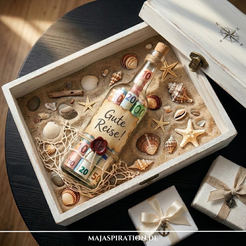Geldgeschenk Reise verpacken DIY: Weiße Holzkiste mit Sand, Muscheln und einer Glasflasche voller Euro-Geldscheine und „Gute Reise!“-Schriftzug für Urlaub oder Flitterwochen.