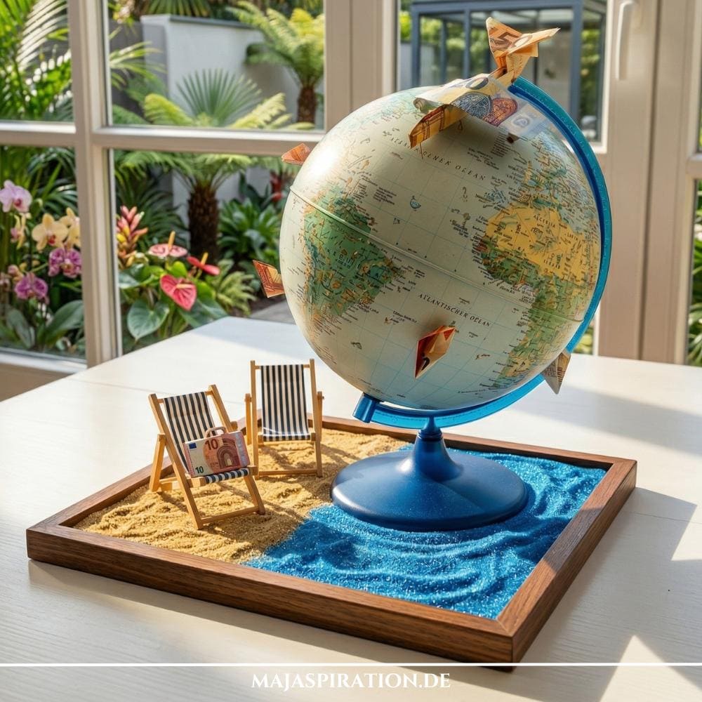 Kreatives DIY Reise-Geldgeschenk basteln: Globus mit zu Flugzeugen gefalteten Geldscheinen, Sand und Mini-Liegestühlen als Geschenkidee für Flitterwochen oder Urlaubskasse.