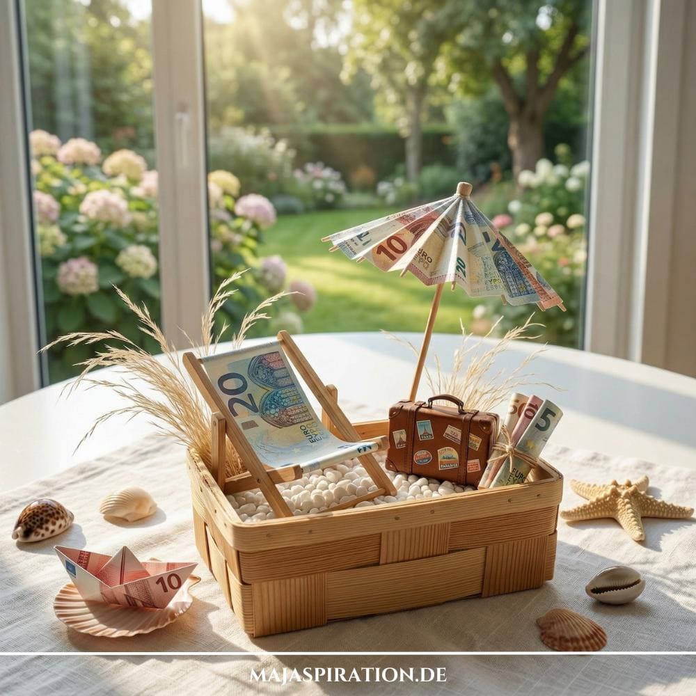 Kreatives Geldgeschenk Reise: Bastelidee mit Geldschein-Origami als Liegestuhl und Sonnenschirm in einem Strand-Körbchen mit Muscheln für die Urlaubskasse oder Flitterwochen.