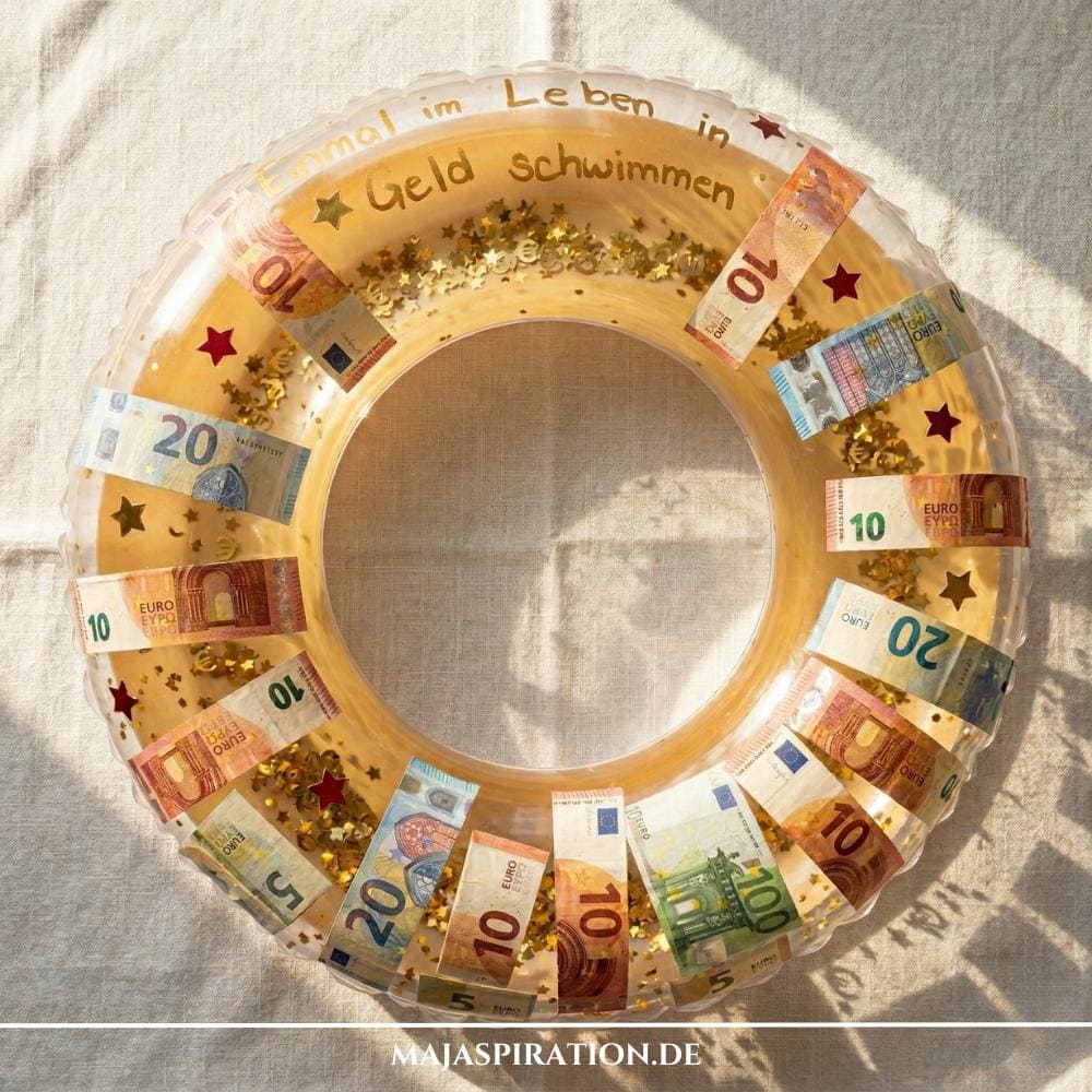 Kreatives Geldgeschenk zur Reise: Ein transparenter Schwimmring gefüllt mit Euro-Geldscheinen und goldenen Sternen als DIY-Idee für die Reisekasse oder Flitterwochen.