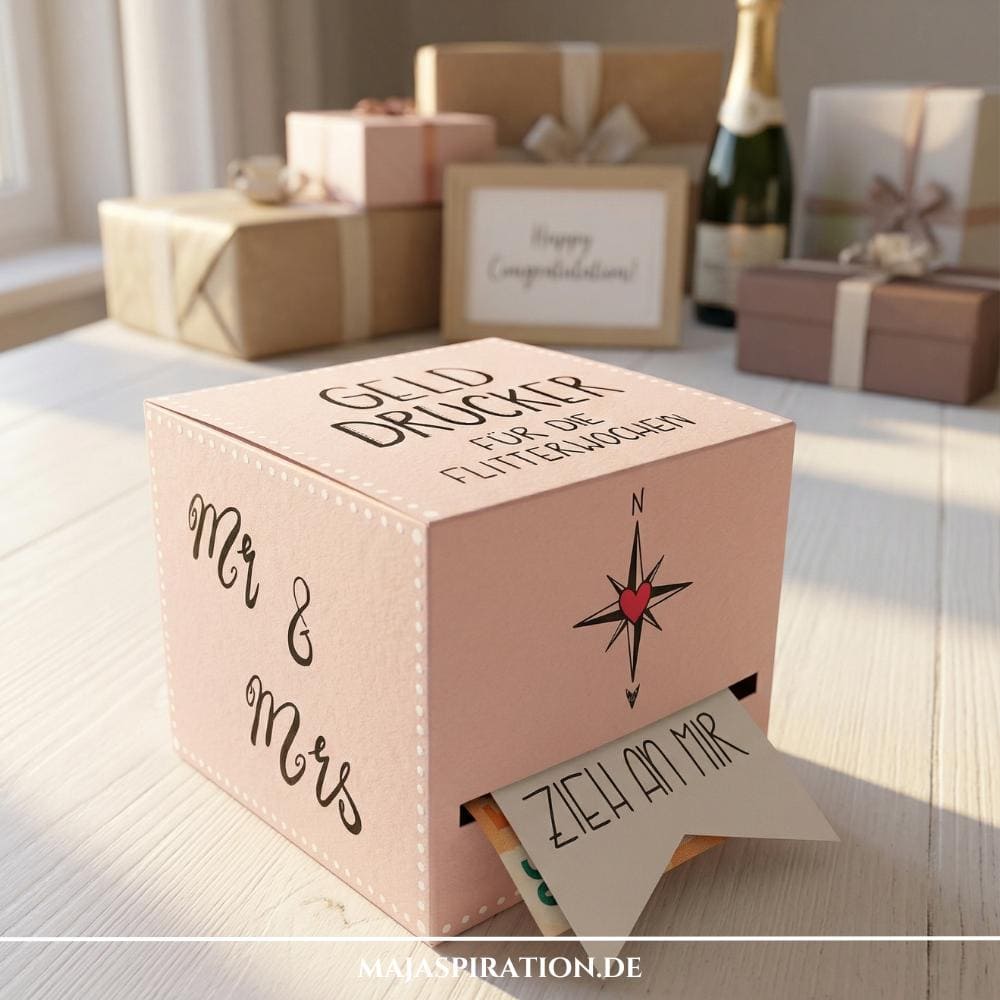 Kreatives DIY Geldgeschenk zur Hochzeit: Eine rosa Box als „Gelddrucker“ für die Flitterwochen mit herausziehbaren Geldscheinen, Kompass-Motiv und „Mr & Mrs“-Aufschrift.