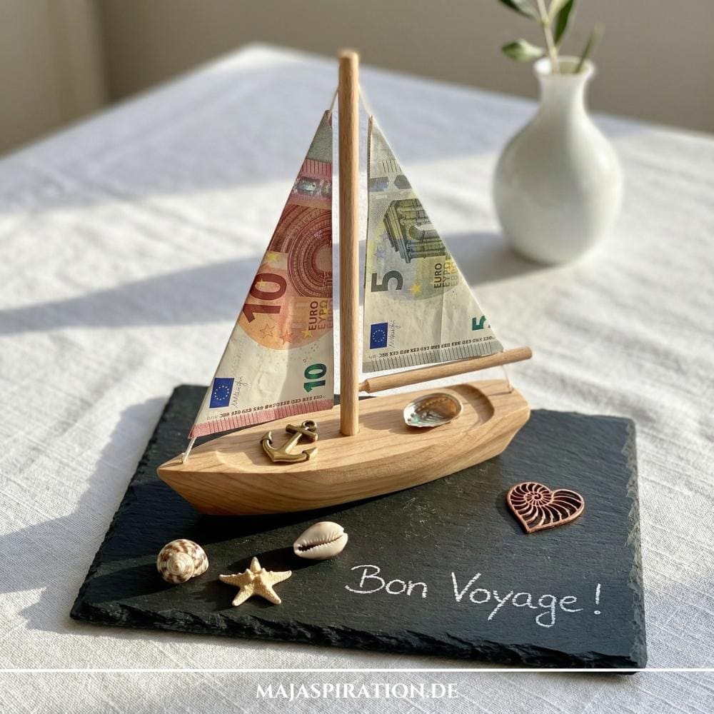 DIY Geldgeschenk Reise: Kleines Holzboot mit Geldscheinen als Segel auf einer Schieferplatte mit Muscheln und „Bon Voyage“ Schriftzug.