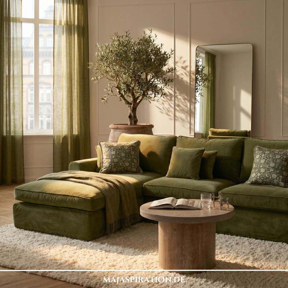 Wohn-Farbtrends 2026 mit grüner Couch in Wohnzimmer mit natürlichen Erdtönen