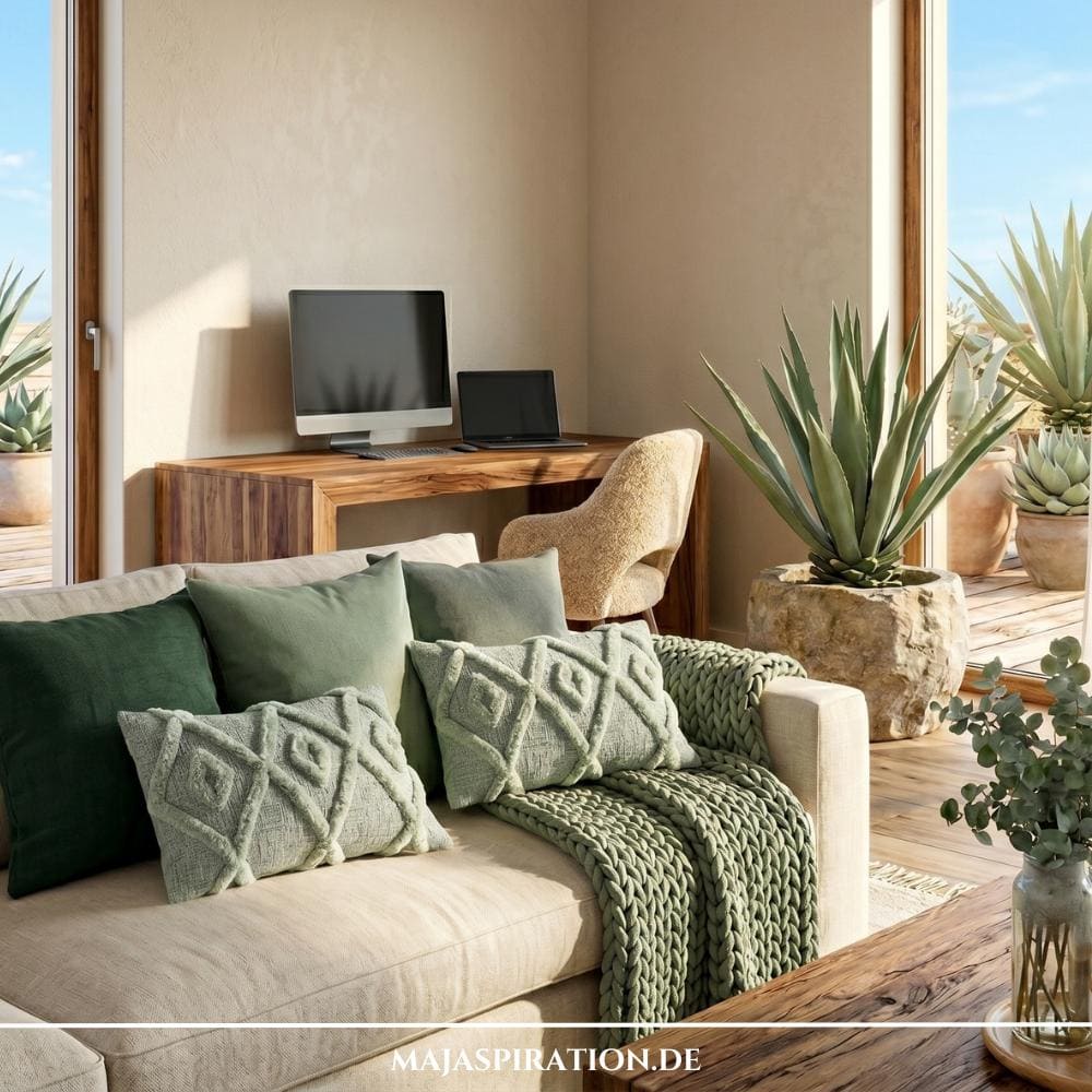 Wohn-Farbtrends 2026 Textilien mit grünen Kissen auf beiger Couch