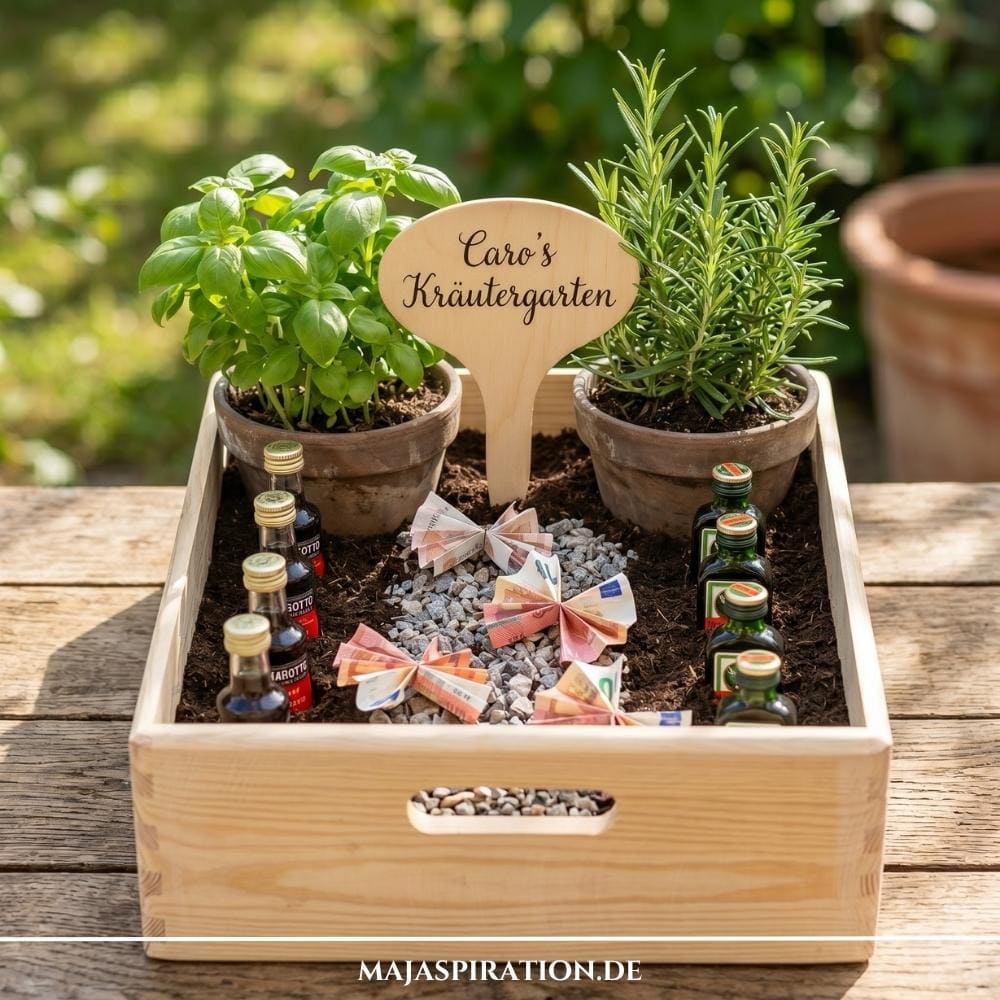 Lustiges Geldgeschenk zum Selbermachen: Ein kleiner Kräutergarten in einer Holzkiste mit Basilikum, Rosmarin, kleinen Schnapsflaschen und zu Schmetterlingen gefalteten Geldscheinen als kreative Geschenkidee.