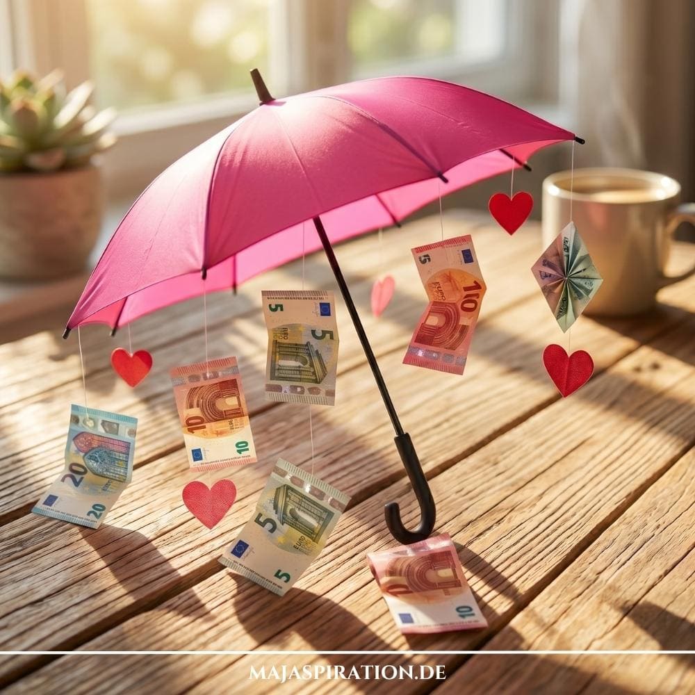 Kreatives Geldgeschenk zur Hochzeit: Ein aufgespannter pinker Regenschirm, an dessen Streben Geldscheine und kleine rote Herzen an Fäden wie ein Geldregen herabhängen.