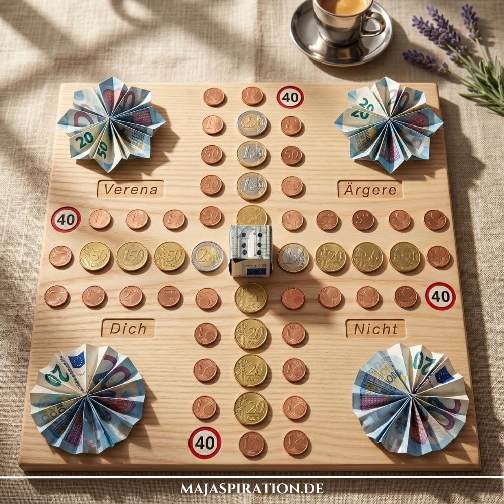 Kreatives Geldgeschenk zum runden Geburtstag: Ein personalisiertes „Mensch ärgere dich nicht“-Spielfeld aus Holz, bei dem die Felder aus Euro-Münzen bestehen und gefaltete Geldscheine als Dekoration in den Ecken platziert sind.