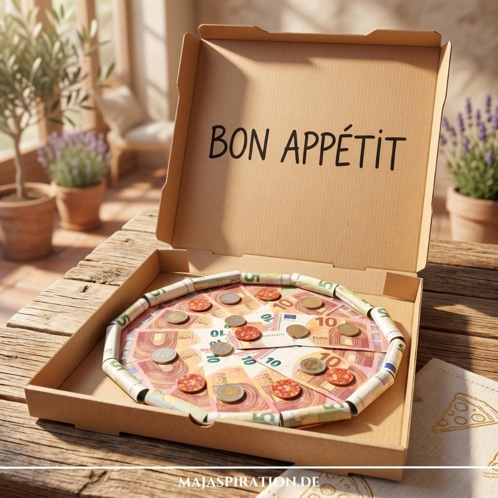 Schnelles Last-Minute-Geldgeschenk: Ein geöffneter Pizzakarton mit der Aufschrift Bon Appetit, in dem Geldscheine und Münzen in Form einer Pizza angeordnet sind.