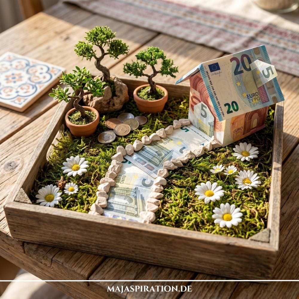 Kreatives Geldgeschenk zum Hausbau: Ein flaches Holztablett gestaltet als Miniatur-Garten mit Moos, kleinen Bäumen, Münzen und einem gefalteten Haus aus Geldscheinen.