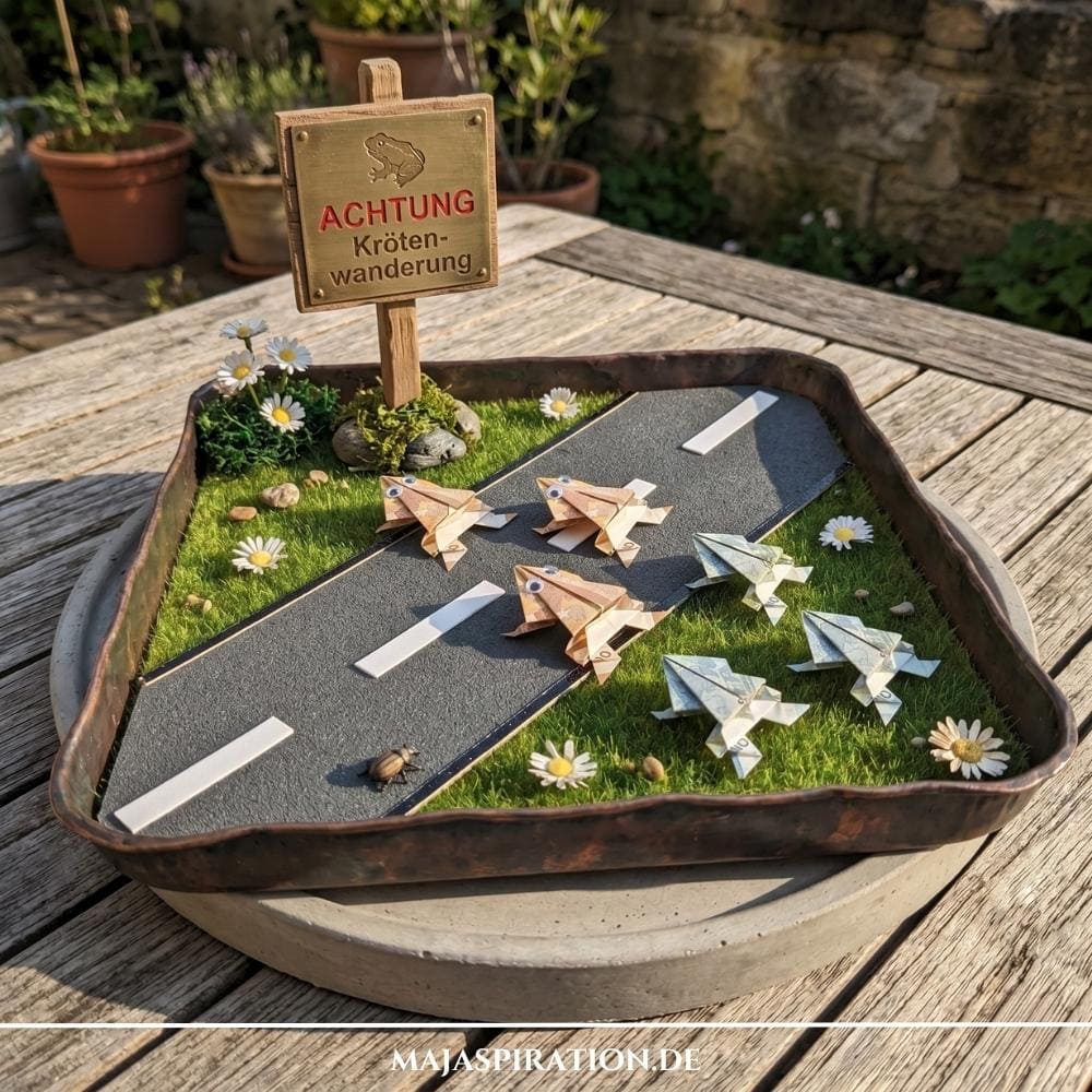 Kreatives Geldgeschenk zum Selbermachen: Ein Miniatur-Diorama auf einem Tablett mit einer Straße, grünem Gras und aus Geldscheinen gefalteten Origami-Fröschen unter einem Schild mit der Aufschrift Achtung Krötenwanderung.