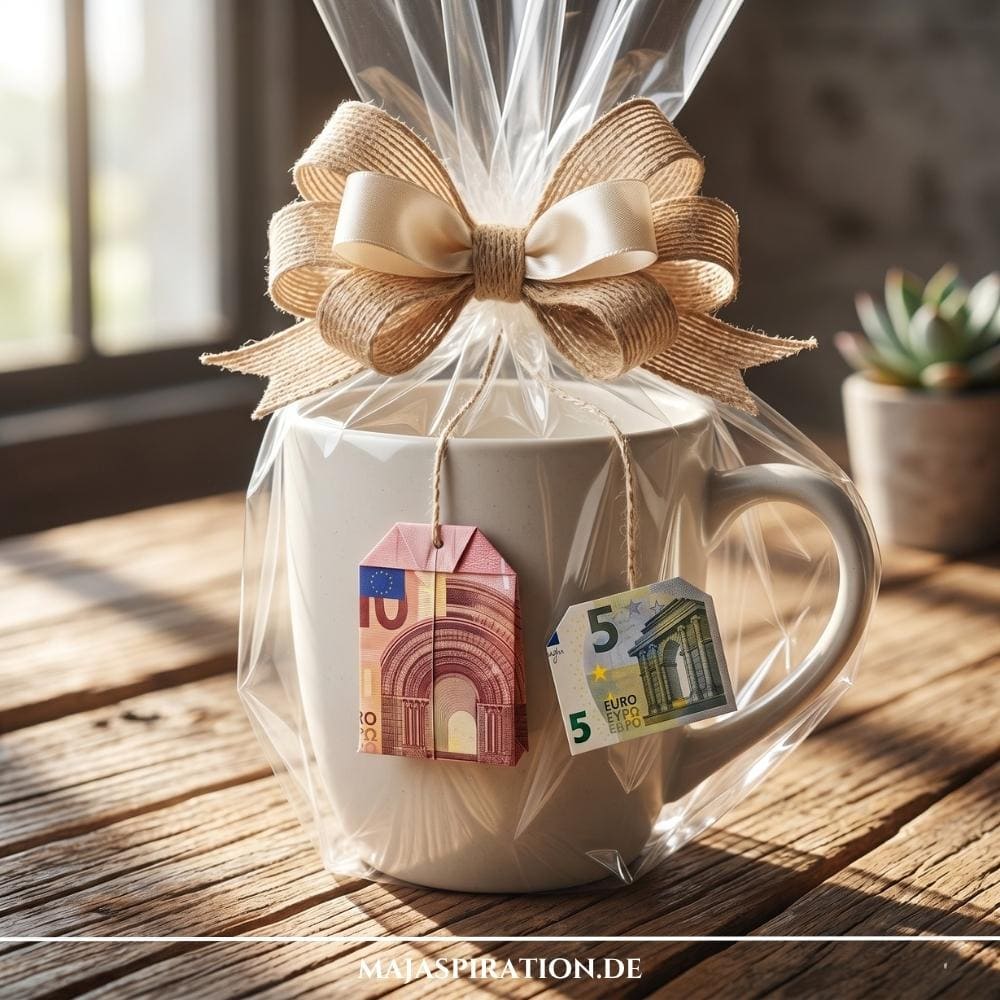 Schnelles Last-Minute-Geldgeschenk basteln: Eine weiße Keramiktasse verpackt in durchsichtige Folie mit einer Schleife, an der zu Teebeuteln gefaltete Geldscheine hängen.