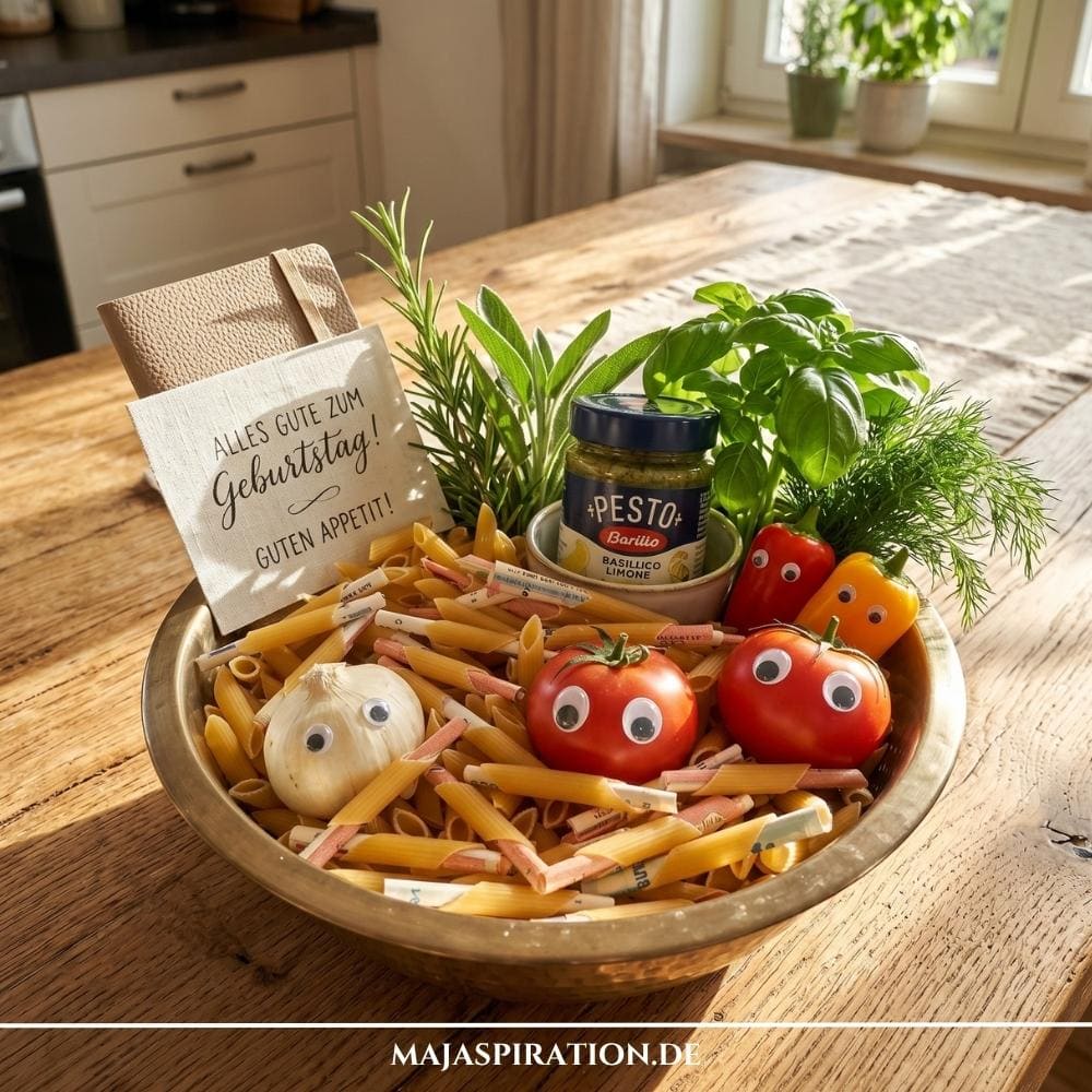 Lustiges Geldgeschenk basteln: Eine Metallschale gefüllt mit Nudeln, Tomaten und Knoblauch mit Wackelaugen, frischem Basilikum, Pesto und gerollten Geldscheinen als kreative Geschenkidee.