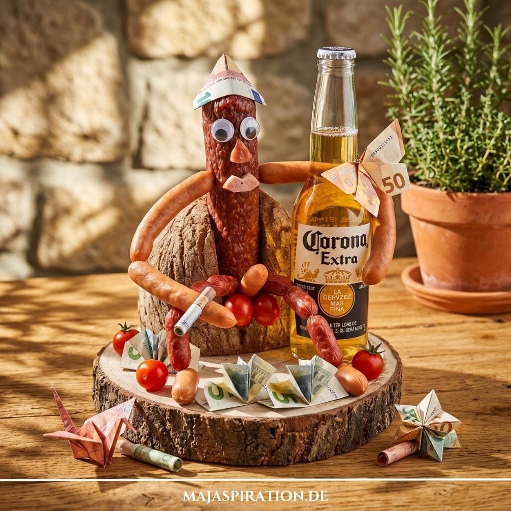 Lustiges Geldgeschenk für Männer: Eine Corona-Bierflasche und eine aus Salami und Würstchen gebaute Figur mit Wackelaugen auf einer Baumscheibe, dekoriert mit gefalteten Geldscheinen.