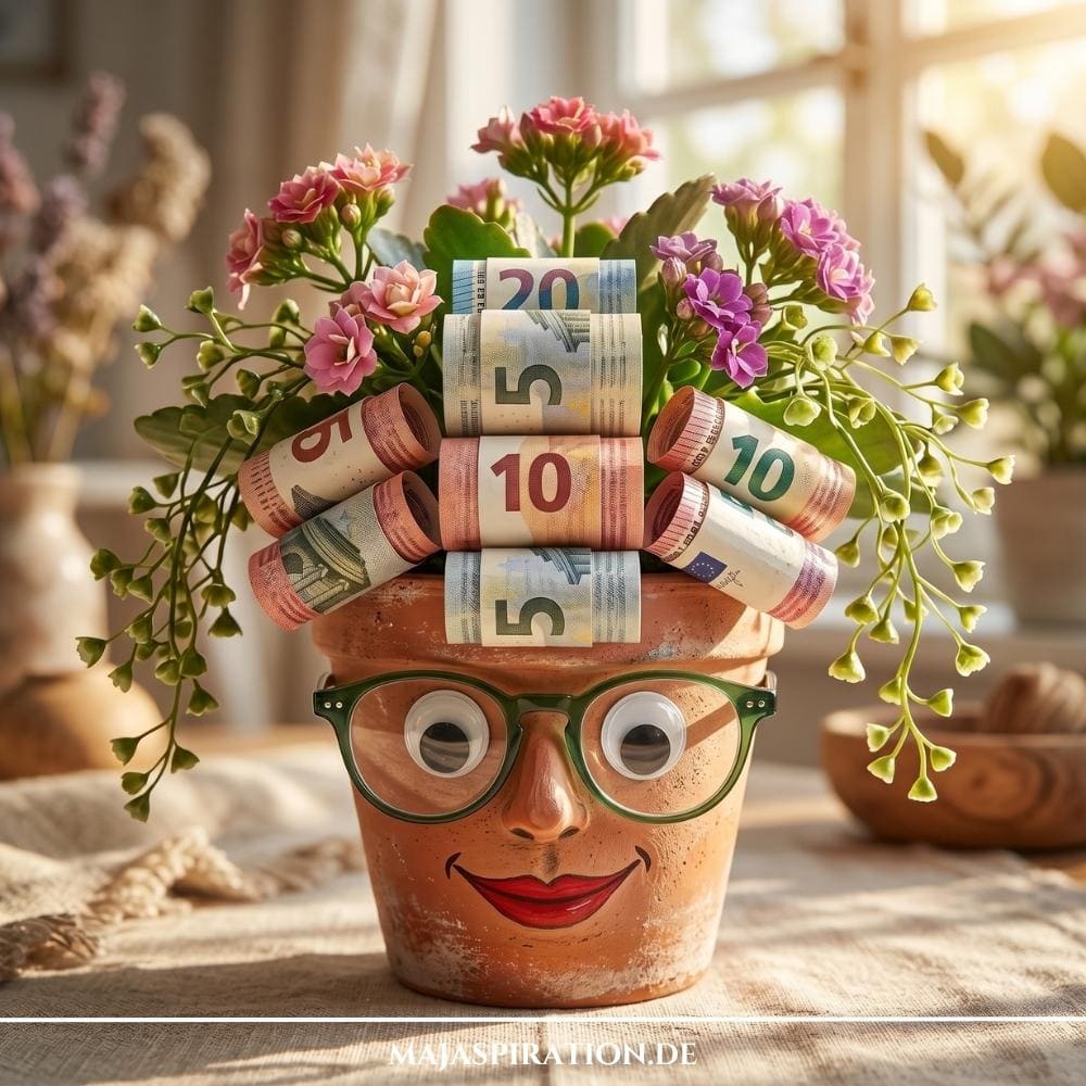 Lustiges Geldgeschenk mit Pflanze: Ein Terrakotta-Blumentopf mit aufgemaltem Gesicht, Wackelaugen und Brille, geschmückt mit gerollten Geldscheinen als Lockenwickler in den rosa Blüten.