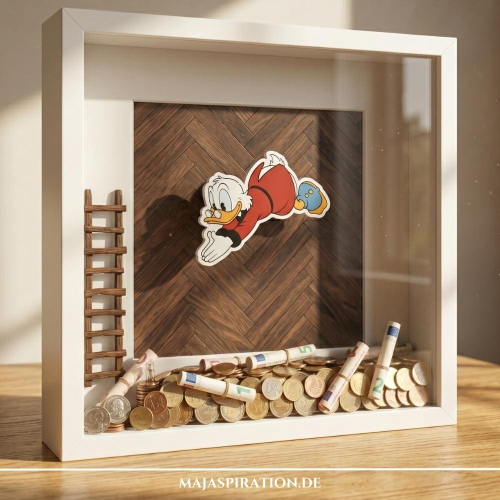Kreatives Geldgeschenk im Bilderrahmen: Ein weißer 3D-Bilderrahmen mit Dagobert Duck, einer Mini-Holzleiter und vielen Euro-Münzen sowie Geldscheinen als Geldspeicher getarnt.