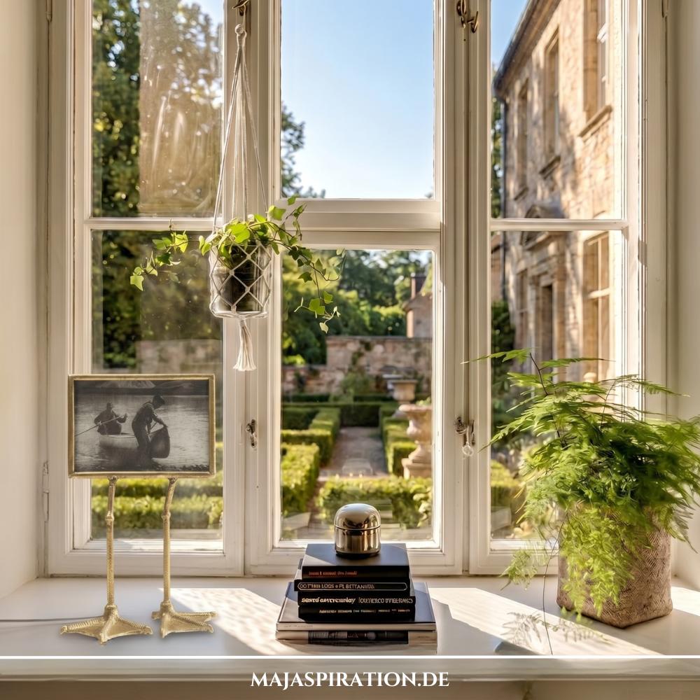 Nat&uuml;rliche und helle Fensterbank Deko Idee 9.jpg im Urban-Jungle-Stil vor einem wei&szlig;en Sprossenfenster. Links steht eine Tischleuchte mit hellem Textilschirm und einem Fu&szlig; aus wei&szlig;-beigem Steingut. In der Fenstermitte h&auml;ngt eine wei&szlig;e Makramee-Ampel mit einer Efeupflanze &uuml;ber einem kleinen Stapel dunkler B&uuml;cher, auf dem eine silberne Metalldose gl&auml;nzt. Rechts rundet ein feiner, gr&uuml;ner Farn in einem Pflanztopf mit grober Jute-Struktur das Ensemble ab.