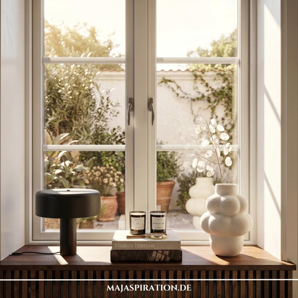 Modern gestaltete Fensterbank aus dunklem Holz im minimalistischen Stil, wie in Fensterbank Deko Idee zu sehen. Auf der linken Seite steht eine mattschwarze Designer-Tischleuchte in Pilzform, w&auml;hrend rechts eine auff&auml;llige, wei&szlig;e Keramikvase mit organisch-runden Wellenformen und getrockneten Silberblatt-Zweigen platziert ist. In der Mitte ruhen zwei schwarze Duftkerzen auf einem Buchstapel vor einem hellen Fenster mit Blick in einen begr&uuml;nten Innenhof.