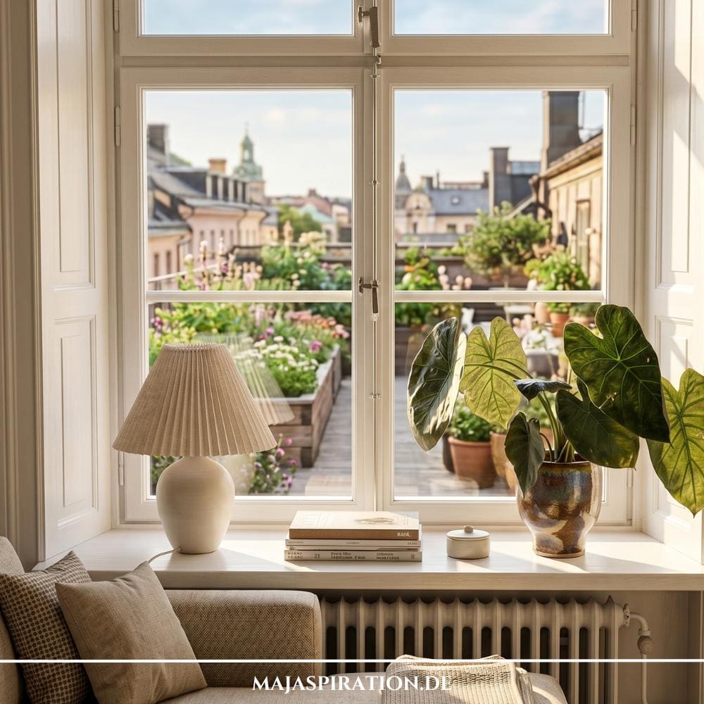 Helle und gem&uuml;tliche Fensterbank Deko Idee im skandinavischen Stil direkt hinter einer beigen Couch. Auf der wei&szlig;en Fensterbank steht links eine stilvolle Tischleuchte mit cremefarbenem, plissiertem Falten-Schirm und hellem Keramikfu&szlig;. In der Mitte liegen drei flache, helle B&uuml;cher neben einer kleinen, minimalistischen Keramikdose, w&auml;hrend auf der rechten Seite eine gro&szlig;e Zimmerpflanze mit markanten, gr&uuml;nen Bl&auml;ttern in einem gemusterten &Uuml;bertopf thront. Durch das Fenster blickt man auf eine sonnige Dachterrasse mit Pflanzen.