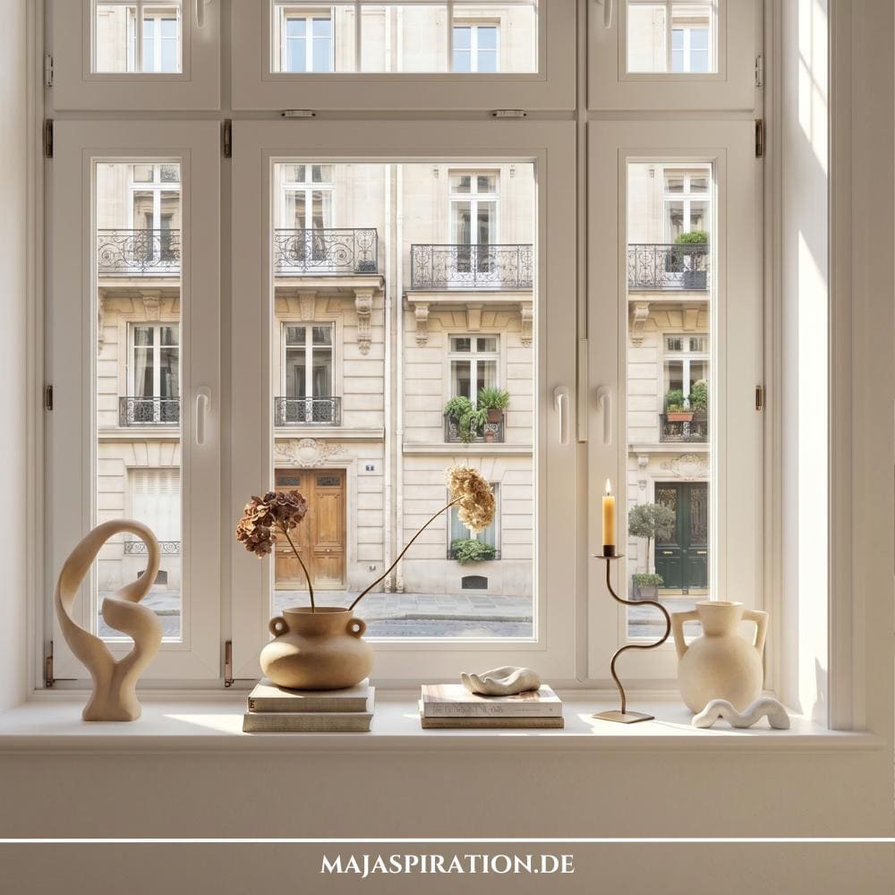 Kunstvoll gestaltete Fensterbank Deko Idee im Wabi-Sabi-Stil vor einem gro&szlig;en, wei&szlig;en Sprossenfenster mit Blick auf franz&ouml;sische Balkone. Auf der wei&szlig;en Fensterbank steht ganz links eine abstrakte, beige Skulptur in organischer Schlaufenform. Daneben ruht eine rustikale, runde Terrakotta-Vase mit einer getrockneten Hortensie auf zwei flachen B&uuml;chern, gefolgt von einer kleinen, wellenf&ouml;rmigen Schale. Auf der rechten Seite runden ein geschwungener, metallischer Kerzenst&auml;nder mit einer brennenden Kerze und ein beiger Keramikkrug das edle Ensemble ab.
