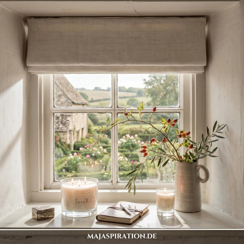 Gem&uuml;tliche Fensterbank Deko Idee im rustikalen Cottagecore-Stil an einem tiefen Fenster mit gerafftem Leinen-Rollo. Auf der wei&szlig;en Fensterbank stehen links eine kleine antike Metalldose und eine gro&szlig;e Mehrdocht-Duftkerze im Glas, in der Mitte ein Leder-Notizbuch mit Stift und rechts eine kleinere Kerze neben einem beigen Keramikkrug mit Hagebuttenzweigen vor dem Blick auf einen idyllischen Landhausgarten.