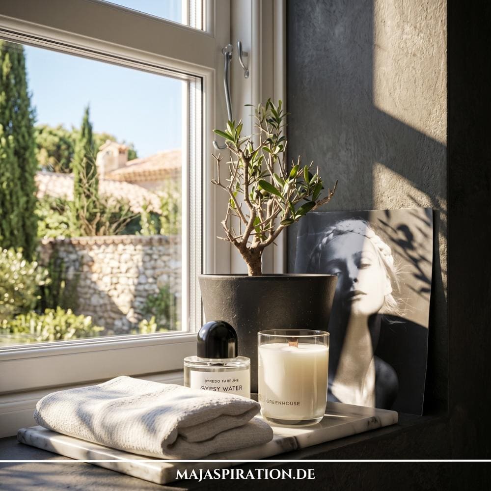 Elegant gestaltete Fensternische im Wellness-Stil aus dunklem Stein bei sonnigem Tageslicht. Ein wei&szlig;es Marmortablett im Vordergrund dient als Basis f&uuml;r ein hellgraues, gefaltetes Stofftuch, einen runden Parf&uuml;mflakon und eine cremefarbene Duftkerze. Im Hintergrund steht ein kleines Olivenb&auml;umchen in einem mattschwarzen Topf neben einem ausgedruckten Schwarz-Wei&szlig;-Portr&auml;t einer Frau, das an der grauen Wand lehnt. Das ge&ouml;ffnete Fenster offenbart den Blick auf s&uuml;dl&auml;ndische H&auml;user und Zypressen.