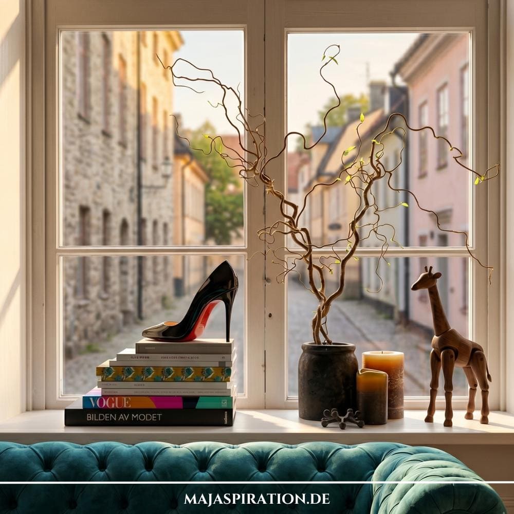 Kreativ dekorierte wei&szlig;e Fensterbank im modischen Eklektik-Stil hinter der R&uuml;ckenlehne eines t&uuml;rkisfarbenen Chesterfield-Samtsofas. Ein Stapel farbenfroher Vogue- und Modeb&uuml;cher dient auf der linken Seite als Podest f&uuml;r einen eleganten, schwarzen High-Heel-Pumps mit roter Sohle. Rechts daneben ragt ein ausladender, verzweigter Korkenzieherast aus einem dunklen Tontopf empor, flankiert von zwei braunen Stumpenkerzen und einer geschnitzten Giraffenfigur aus Holz vor dem Hintergrund einer Altstadtgasse.