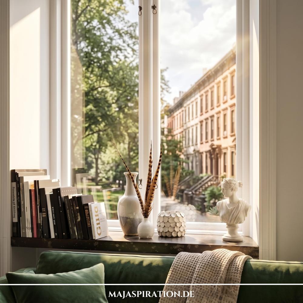 Gem&uuml;tliche Fensterbank Deko Idee im literarischen Look direkt hinter einer gr&uuml;nen Samtcouch mit beiger Kuscheldecke. Auf der dunklen Holz-Fensterbank steht links eine Reihe aufrechter B&uuml;cher, die wie eine kleine Bibliothek angeordnet sind. In der Mitte erg&auml;nzen zwei strukturierte, wei&szlig;e Keramikvasen mit gemusterten Federn und ein rundes, gemustertes Windlicht das Bild, w&auml;hrend ganz rechts eine kleine Sukkulente in einem geometrischen &Uuml;bertopf platziert ist. Durch das Fenster blickt man auf B&auml;ume und eine st&auml;dtische H&auml;userzeile.