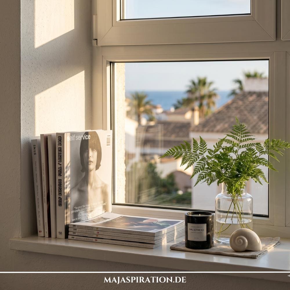 Fr&uuml;hlingshafte und moderne Fensterbank Deko Idee in einer hellen Wohnung am Tag. Auf der wei&szlig;en Fensterbank steht links eine minimalistische Designer-Tischlampe mit schwarzem Metallgestell und runder Gl&uuml;hbirne. In der Mitte befindet sich eine beige Keramikvase mit frischen, gelben Osterglocken. Rechts daneben rundet ein kleines, strukturiertes Teelichtglas das asymmetrische Dreier-Arrangement vor dem gro&szlig;en Fenster ab.