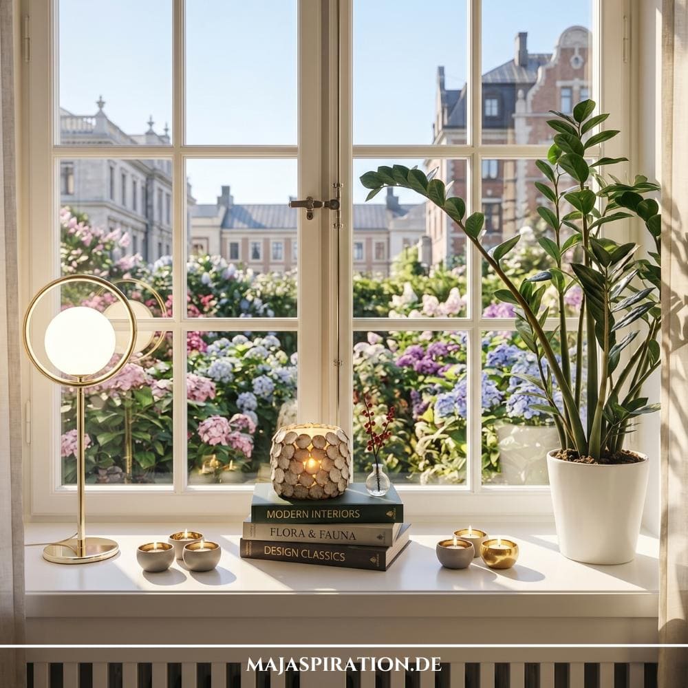 Hell erleuchtete, wei&szlig;e Fensterbank mit eleganter Dekoration vor einem Sprossenfenster mit Blick auf einen bl&uuml;henden Garten. Auf der linken Seite steht eine goldene Design-Tischleuchte mit runder, wei&szlig;er Glaskugel. In der Mitte bildet ein Stapel aus drei dunklen Coffee Table Books die Basis f&uuml;r ein gemustertes Teelicht. Rechts sorgt eine gro&szlig;e, gr&uuml;ne Zimmerpflanze im wei&szlig;en Topf f&uuml;r nat&uuml;rliche Frische, erg&auml;nzt durch kleine goldene Teelichter.