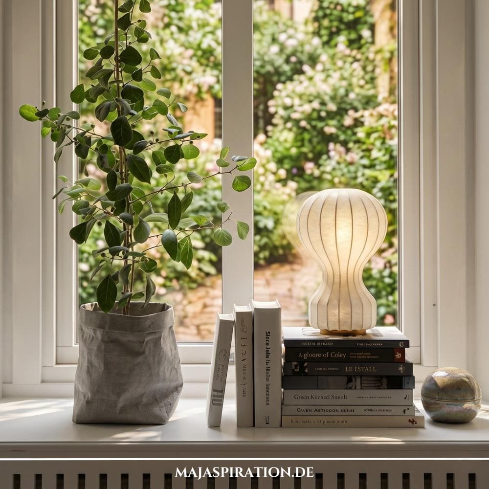 Gem&uuml;tliche und hell erleuchtete Fensterbank Deko Idee im skandinavischen Design vor einem hellen Fenster. Auf der wei&szlig;en Fensterbank steht links eine gr&uuml;ne Zimmerpflanze in einem grauen Pflanzsack aus Stoff. In der Mitte lehnen drei aufrechte B&uuml;cher an einem horizontalen Buchstapel, auf dem eine eingeschaltete Tischlampe aus mattem, geriffeltem Glas thront. Eine kleine, schimmernde Deko-Kugel auf der rechten Seite rundet das harmonische Arrangement ab.