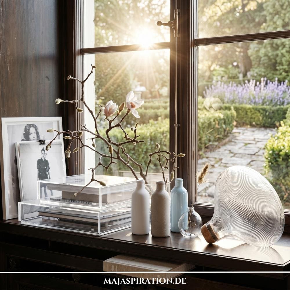 Elegante und lichtdurchflutete Fensterbank Deko Idee im Galerie-Stil auf einer dunklen Holzfensterbank. Auf der linken Seite stapeln sich transparente Acrylboxen mit B&uuml;chern vor zwei gerahmten Schwarz-Wei&szlig;-Fotografien. In der Mitte steht eine kleine Gruppe aus matten Keramikvasen und einer Glasvase mit einem bl&uuml;henden Magnolienzweig. Auf der rechten Seite liegt ein gro&szlig;es, skulpturales Glasobjekt mit geriffelter Struktur und Korken im warmen Gegenlicht der tiefstehenden Sonne vor einem gr&uuml;nen Garten.