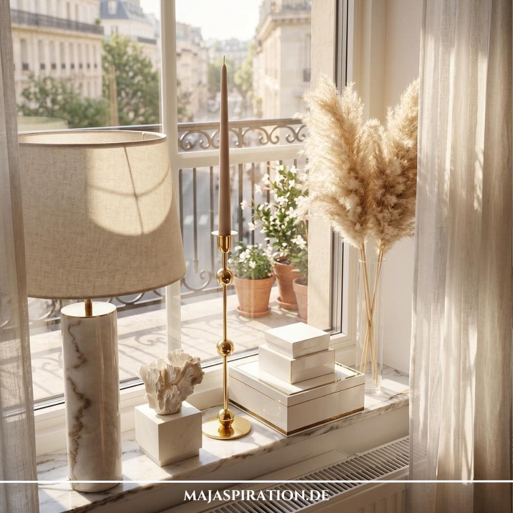 Minimalistische und moderne Fensterbank Deko Idee im skandinavischen Stil. Auf einer glatten, wei&szlig;en Fensterbank steht in der Mitte eine skulpturale, beige Keramikvase in runder Donut-Form mit Loch, in der ein einzelner, getrockneter Grashalm steckt. Links und rechts der Design-Vase ist jeweils eine dicke, cremewei&szlig;e Stumpenkerze auf einem flachen Untersetzer platziert, aufgenommen bei hellem Tageslicht vor einer hellgrauen Wand.