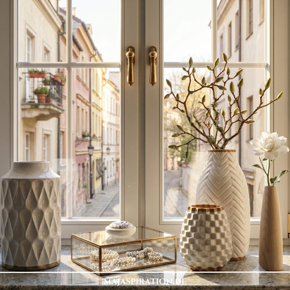 Edle Fensterbank Deko Idee auf einer hellen Naturstein-Fensterbank vor einem Sprossenfenster mit Blick auf eine europ&auml;ische Altstadtgasse. Links steht eine gro&szlig;e, wei&szlig;e Vase mit Wabenrelief. In der Mitte ist eine Schmuckbox aus Glas mit goldenem Rahmen platziert, in der Perlenketten liegen. Rechts erg&auml;nzen zwei weitere gemusterte Vasen mit knospenden Magnolienzweigen sowie eine schmale Holzvase mit einer wei&szlig;en Blume das elegante Arrangement.