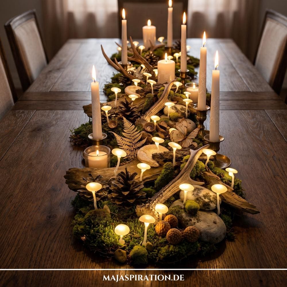 Ein langes, herbstliches Tischgesteck aus grünem Moos, Tannenzapfen und Holz mit vielen kleinen, warm leuchtenden DIY-Deko-Pilzen und eleganten weißen Stabkerzen auf einem rustikalen Eichentisch als edle Herbstdeko.