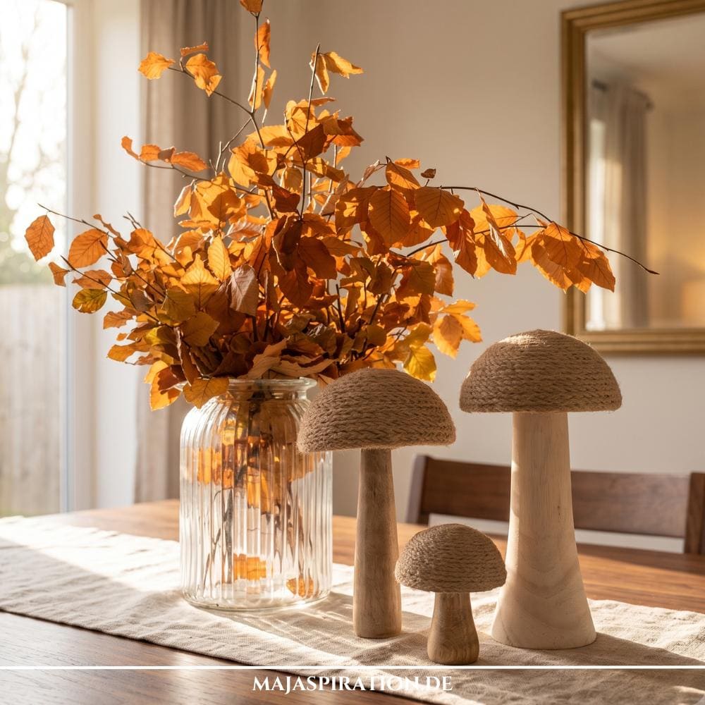 Drei minimalistische DIY-Deko-Pilze mit Stielen aus hellem Holz und Hüten aus gewickelter Juteschnur, platziert auf einem Leinenläufer neben einer großen Glasvase mit goldenen Herbstblättern auf einem Holztisch im Scandi-Stil.