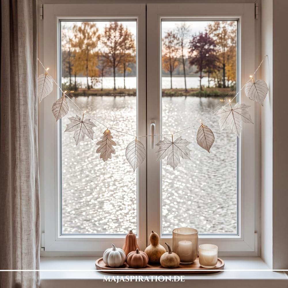 Eine filigrane DIY-Herbstdeko-Girlande aus transparenten Skelettblättern an einer feinen LED-Lichterkette, quer in einem weißen Fenster mit Blick auf einen herbstlichen See aufgehängt, ergänzt durch Kürbisse und Kerzen auf dem Fensterbrett.