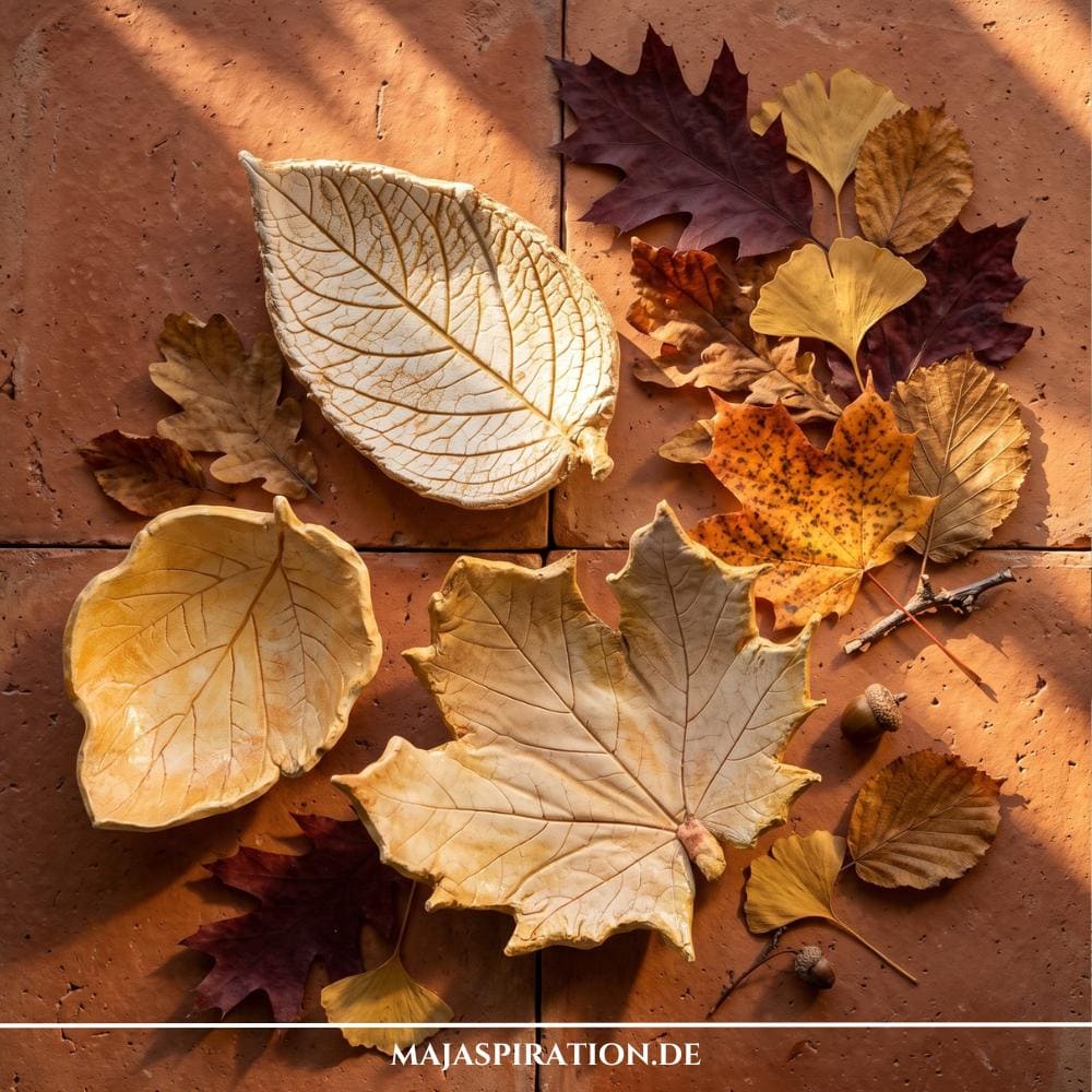 Drei handgemachte, blattförmige DIY-Schalen aus heller Modelliermasse mit detailreichen Blatstrukturen, kunstvoll arrangiert zwischen echten bunten Herbstblättern wie Ginkgo und Ahorn auf terracottafarbenen Fliesen.
