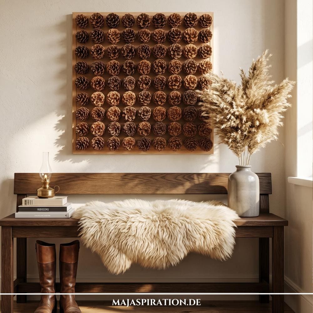 Ein großes quadratisches DIY-Wandpaneel aus Holz, bestückt mit symmetrisch angeordneten braunen Kiefernzapfen, aufgehängt über einer rustikalen Flurbank mit Lammfell, Büchern und einer Vase mit Pampasgras als moderne Herbstdeko.