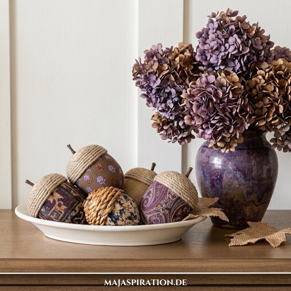 Eine weiße Keramikschale gefüllt mit handgemachten Deko-Eicheln aus gemusterten lila und braunen Stoffen sowie Seilkappen, platziert auf einer Holzkommode neben einer violetten Vase mit getrockneten Hortensien als edle Herbstdeko.