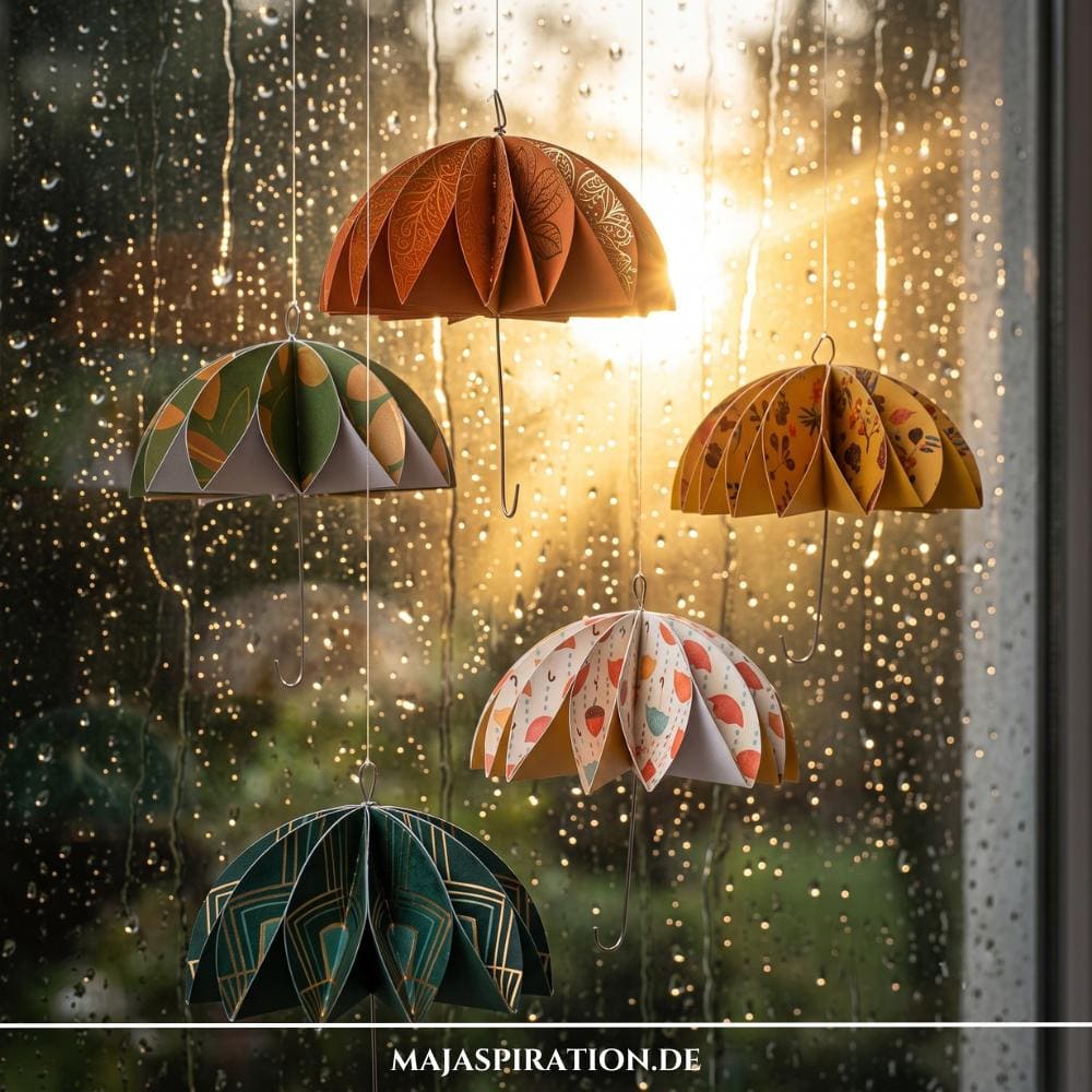 Fünf farbenfrohe, gemusterte DIY-Regenschirme aus gefaltetem Papier, die an feinen Fäden vor einer von Regentropfen bedeckten Fensterscheibe im goldenen herbstlichen Gegenlicht als Fensterdeko schweben.